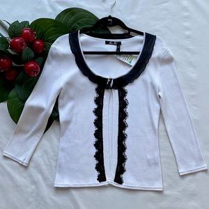 Moi Moi Vintage Long Sleeve White Sweater w/Black Lace & Trim M (Women’s) NWT